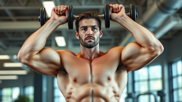 Muscular man demonstrating overhead press mobility in a gym setting.