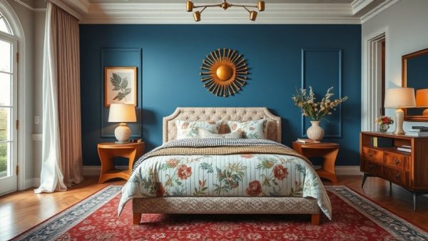 Elegant bedroom after makeover with stylish blue accents.