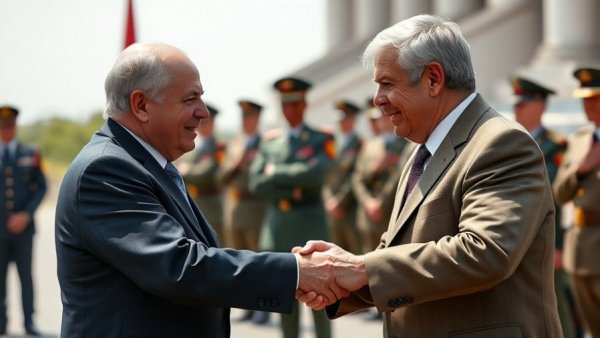 Diplomats engaged in handshake, outdoor setting.