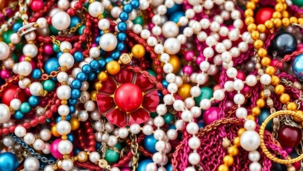 Tangled jewelry collection with pearls and chains, close-up view.