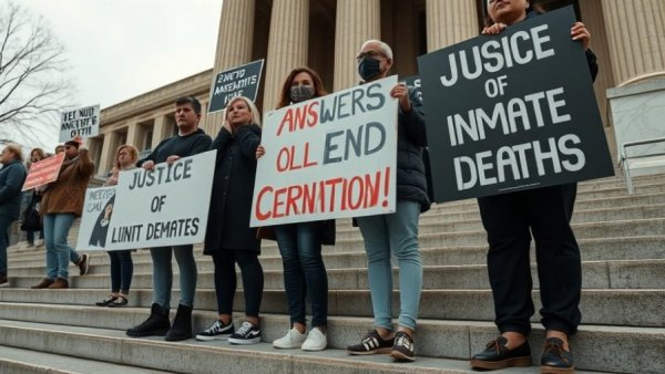 Protest signs at courthouse steps demanding justice for California inmate deaths.