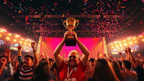Dancing With the Stars Con celebration with trophy under bright stage lights.