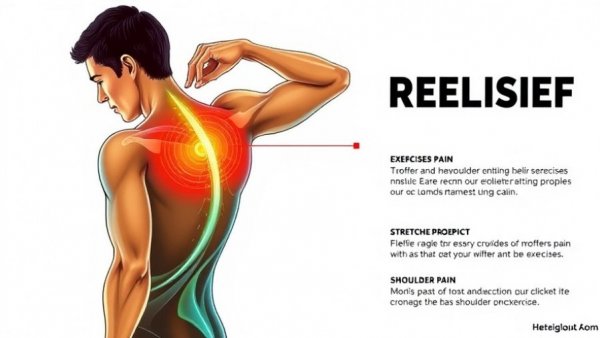 Illustration of shoulder pain relief exercises, person stretching.