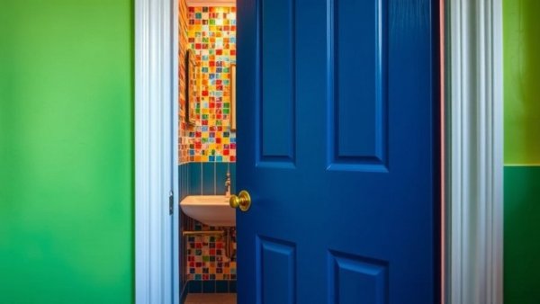 Studio bathroom wallpaper ideas with colorful pixelated design.