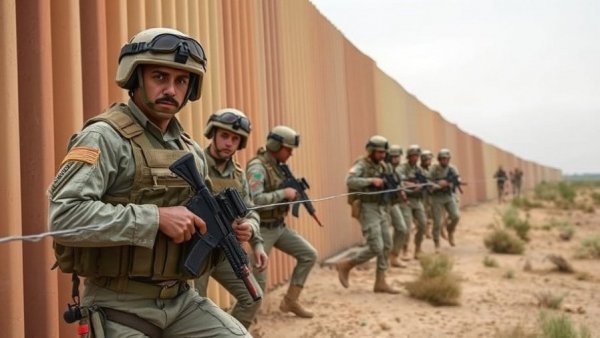 Soldiers working on border wall installation during Kristi Noem border visit