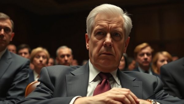 Trust in US Health Agencies hearing scene with serious man sitting.