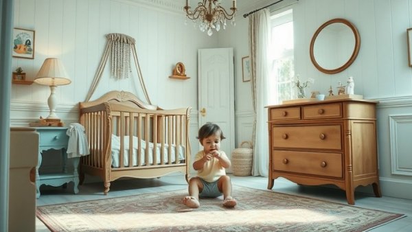 Charming nursery with vintage-inspired Easter basket decor, wooden furniture.