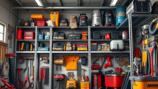 REIBII Heavy Duty Garage Shelving with tools and equipment.