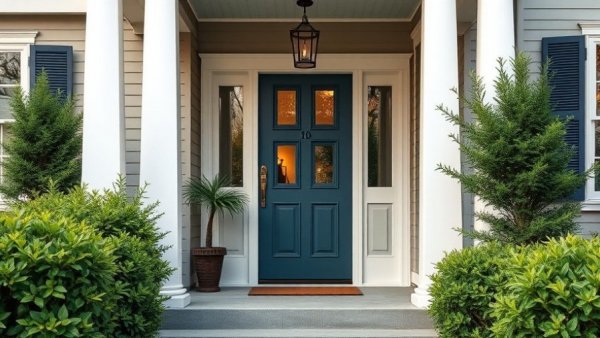 Front porch with smart lock and classic design for older houses.