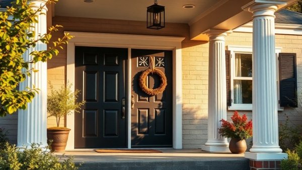 Elegant front porch with modern door and classic columns, turning your old house into a smart home.