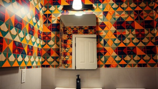 Studio Bathroom Renovation Tips with colorful geometric wall.