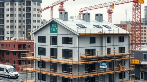 Modern factory-built housing in California under construction.