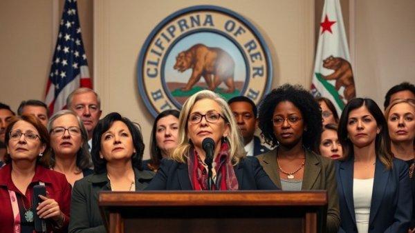 California drunk driving initiative group talks in front of state seal.