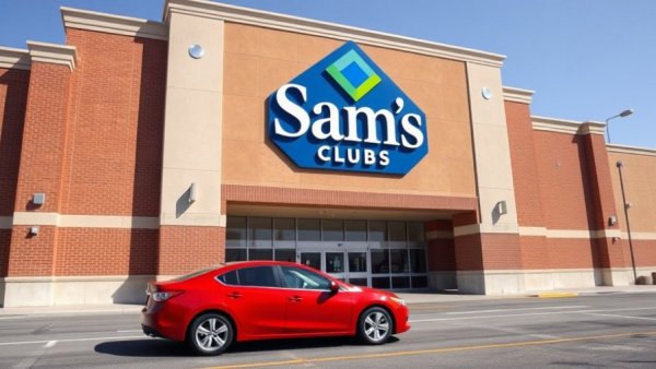 Sam's Club exterior with red car, sunny day.
