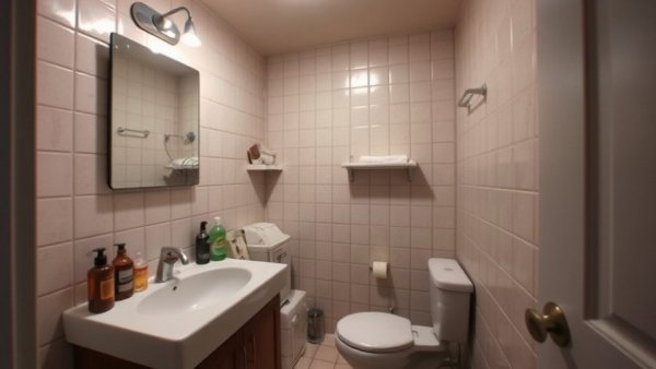 Outdated small bathroom needing a makeover, cluttered and dimly lit.