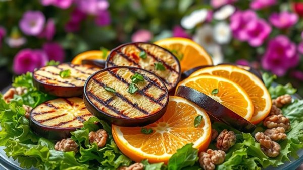 Colorful salad with eggplant, oranges, and walnuts for Ramadan healthy recipes.