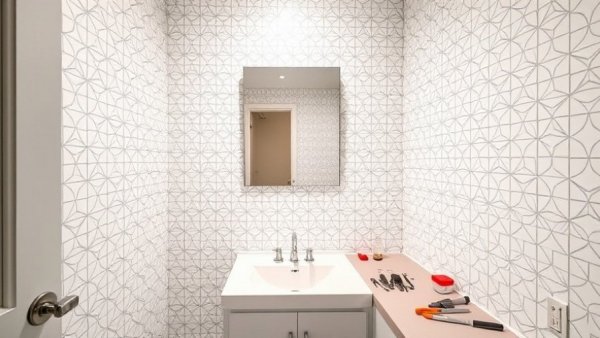 Contemporary bathroom, mirror removal in progress with tools and geometric wallpaper.