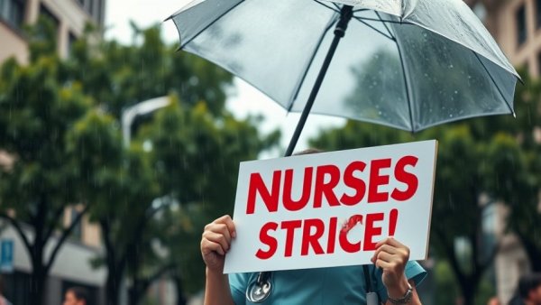 Providence Cedars-Sinai nurses strike: Nurse holding sign in rain