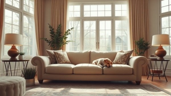 Cozy living room with simple DIY decor and a sleeping dog.