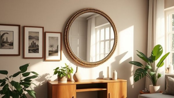 Elegant gold-framed round mirror in cozy studio bathroom setting.