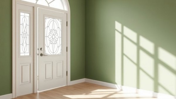 Simple entryway with open white door and green wall, entryway mirror ideas.