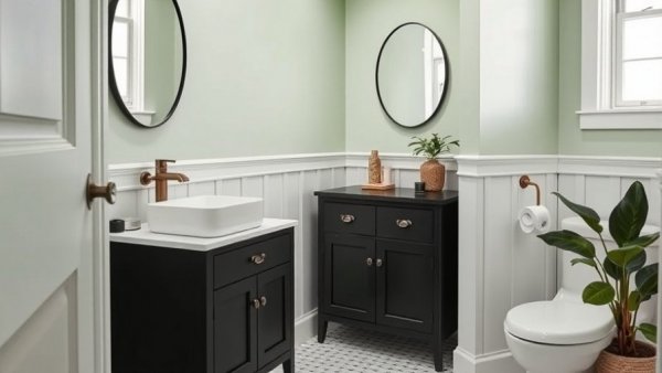 Eclectic bathroom vanity color ideas in a small bathroom with black and green tones.