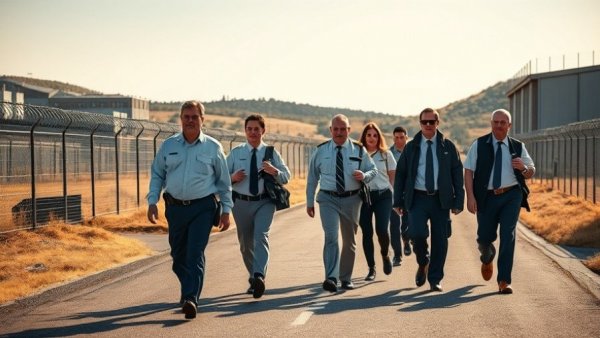 Officials outside Otay Mesa Detention Center in warm sunlight.