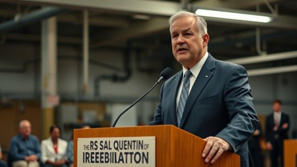 Speaker at San Quentin Rehabilitation Center podium in industrial setting.