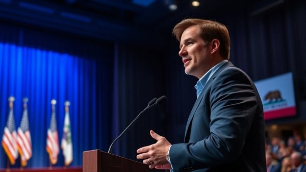 Confident speaker at California gubernatorial race event with flags and podium.