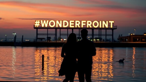 San Diego music festivals skyline with Wonderfront sign at dusk.