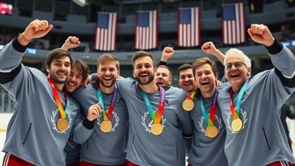 Team celebrating victory at 2026 Winter Olympics men's hockey gold medal.