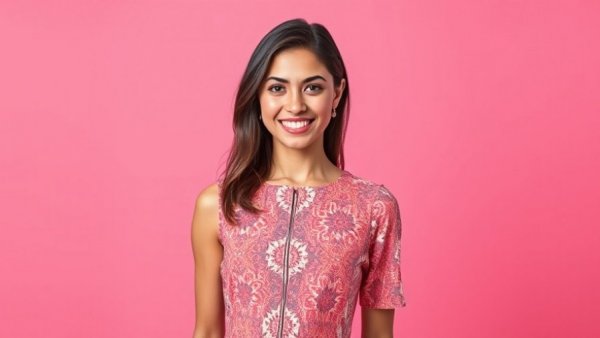 Confident young woman smiling warmly against a pink background.