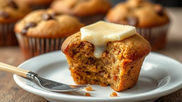 Healthy Bran Muffins Recipe shown with a partially eaten bran muffin topped with butter.