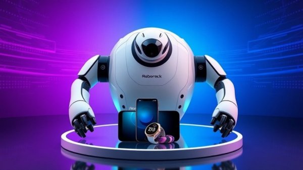 Roborock Saros Z70 robot vacuum in futuristic digital setup.