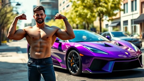 Muscular man flexing beside a purple sports car, shoulder workout tips.