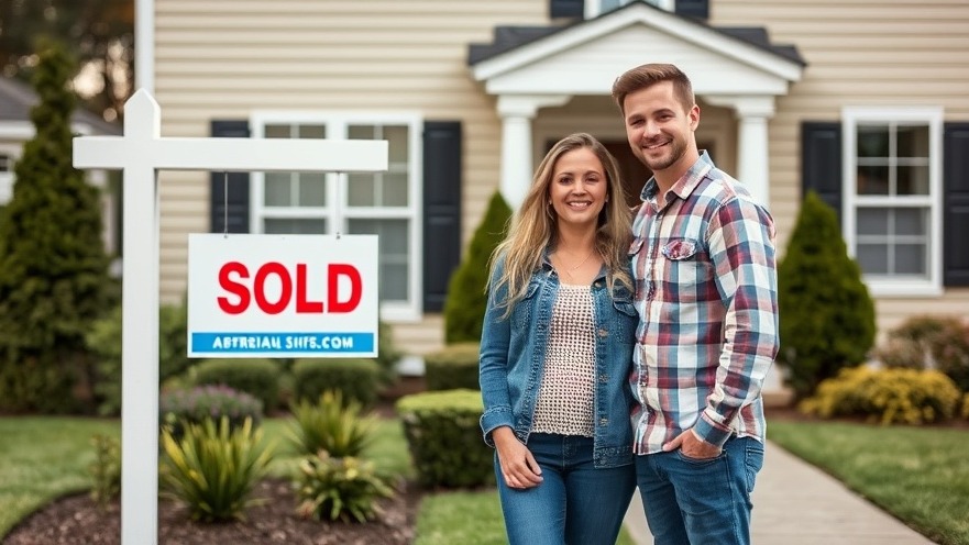 Happy couple in front yard with SOLD sign, reflecting real estate trends.
