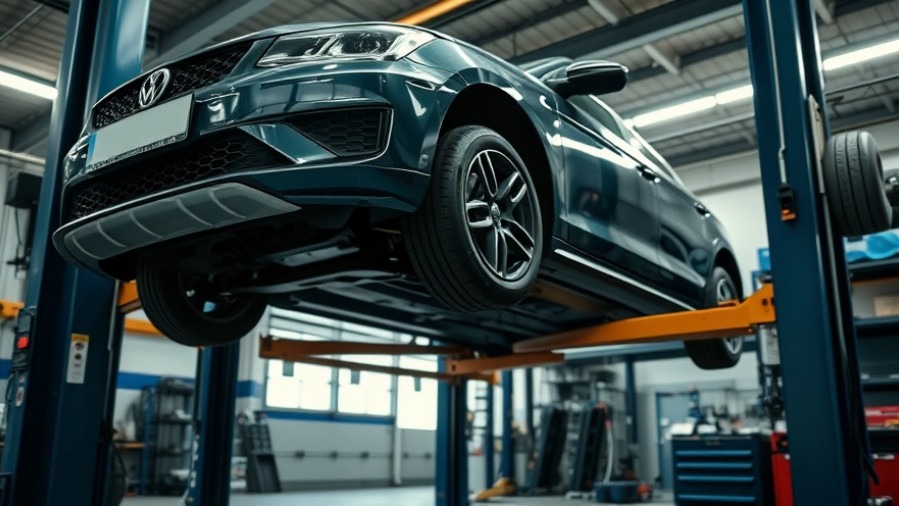Auto repair shop with mechanic inspecting car on lift for maintenance.