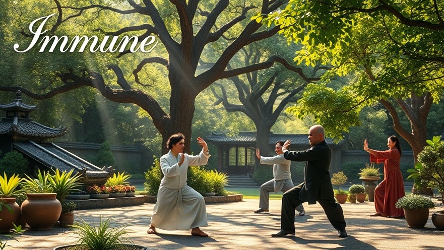 Diverse individuals practicing Tai Chi in a serene garden, representing immune system modulation through TCM.