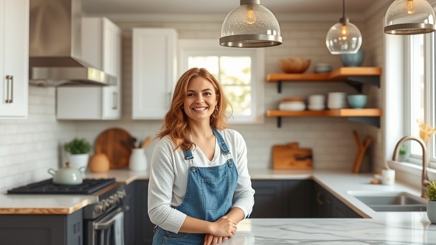 Happy woman in remodeled kitchen showcasing North County San Diego real estate charm.