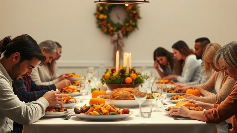 Thanksgiving feast in Carlsbad with people gathered in prayer around the table.