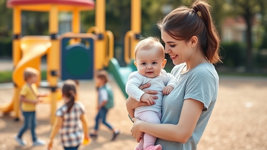 Young woman with baby observing kids play, reflecting real estate trends in family-friendly areas.