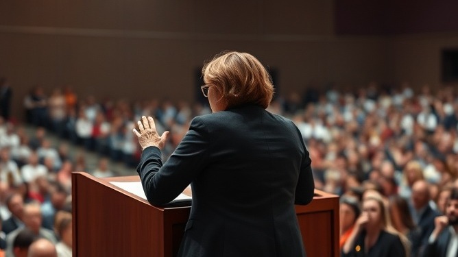 Paloma Aguirre celebrating her election win, addressing a large crowd in San Diego.