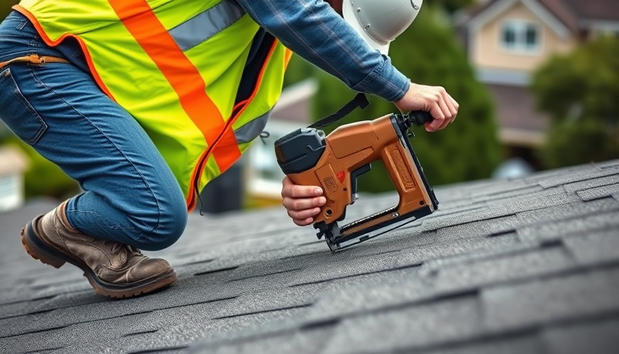 Worker applies asphalt shingles using a nail gun.