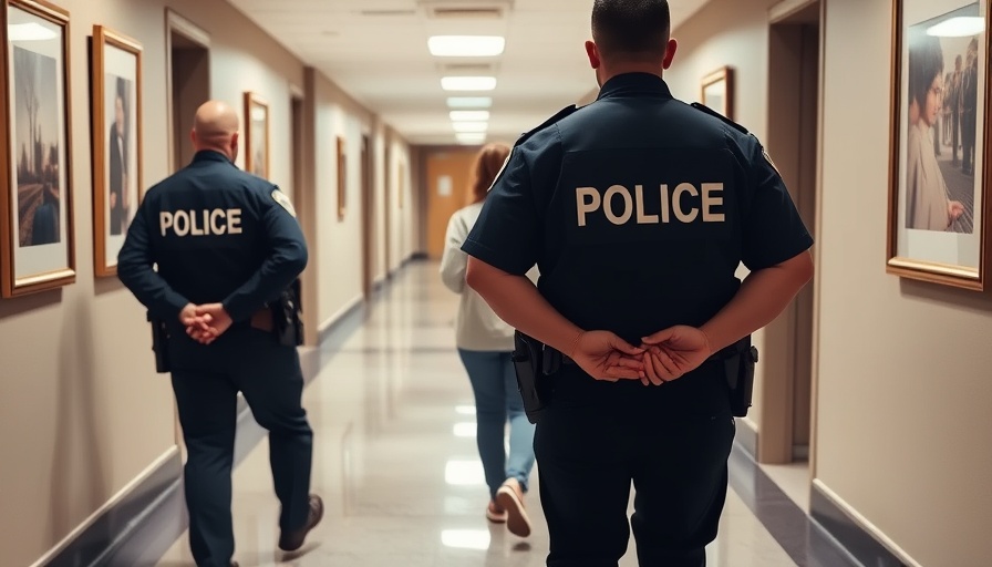 Law enforcement escorts individual in hallway amid California immigrant aid budget changes.