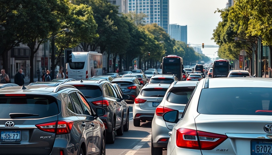 Heavy traffic on California street with cars stopped in line.