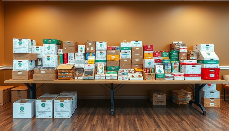 Feeding Medina County donation table with supplies and activity books neatly organized, in a community center.
