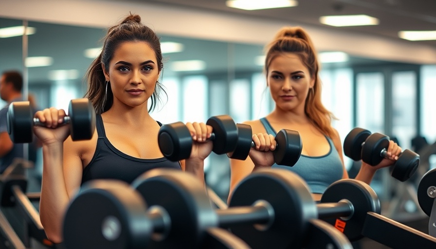 Women performing bulking workout routine with dumbbells in gym.