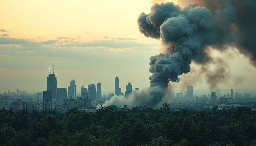 Urban skyline with smoke plume depicting impact of Israel-Iran conflict.