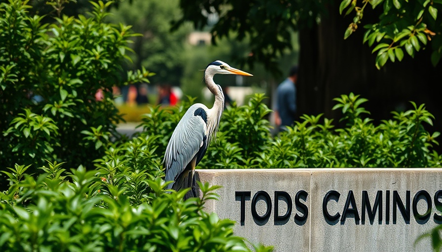 Heron near 'TODOS CAMINOS' wall with vibrant foliage.
