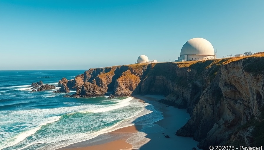 California Nuclear Waste Management: Coastal facility with domes on cliffs.